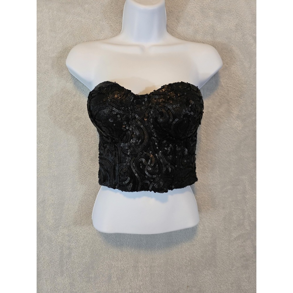 EUC Bustier Top Womens L‎ Black Sequin Strapless Built in Bra Corset Party Crop